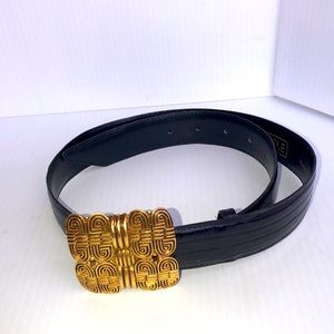 Vintage Carlisle black Lizard Leather belt Medium gold brass buckle USA